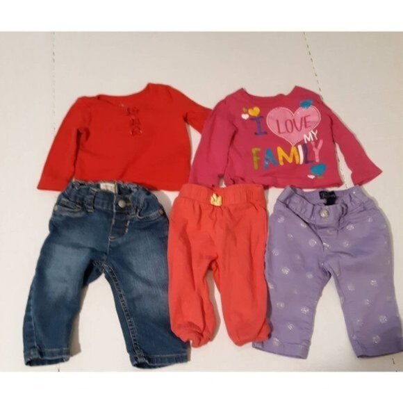 Est 89 Place Baby Girls Lot 5pcs Size 6-9m Pants And Shirts - Picture 1 of 4